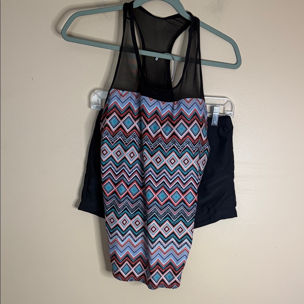 Mesh Racerback Tankini Top with Geometric Print/Black Bottoms-2 piece set